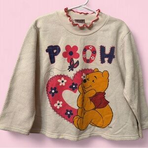 Vintage 90s Winnie the Pooh Waffle Knit Ruffle Neck Sweatshirt Girls Size 6